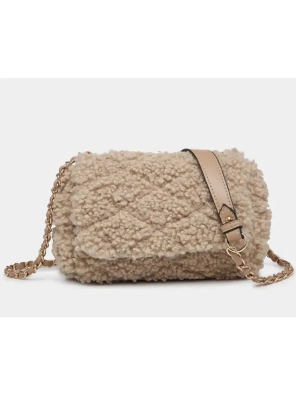 Ladies Beige Sherpa Fuzzy Quilted Crossbody Bag Gold Chain Link NWT